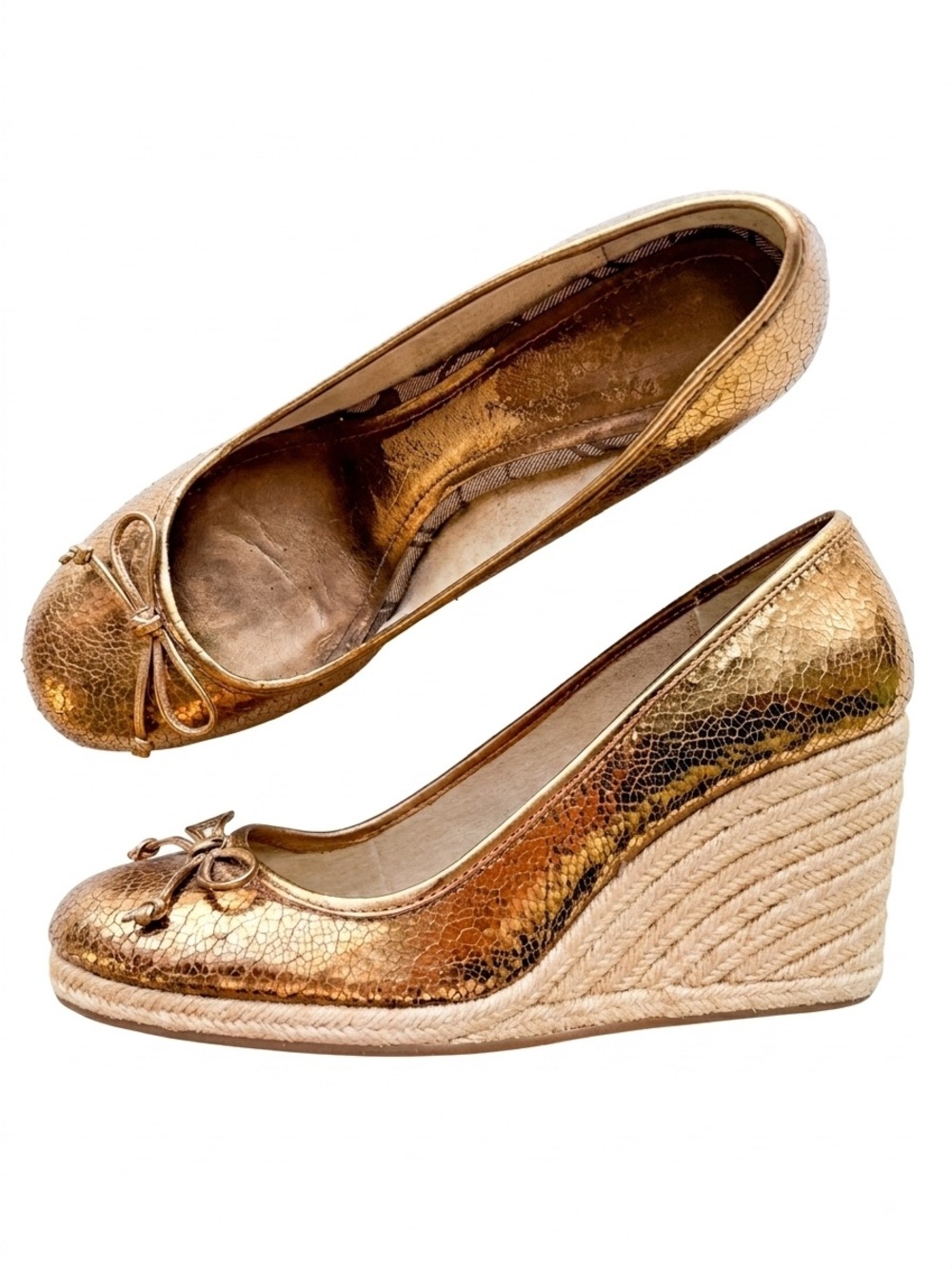 COACH Ireland Crackle Leather 7 Metallic Bronze Gold Espadrille Wedge Platform